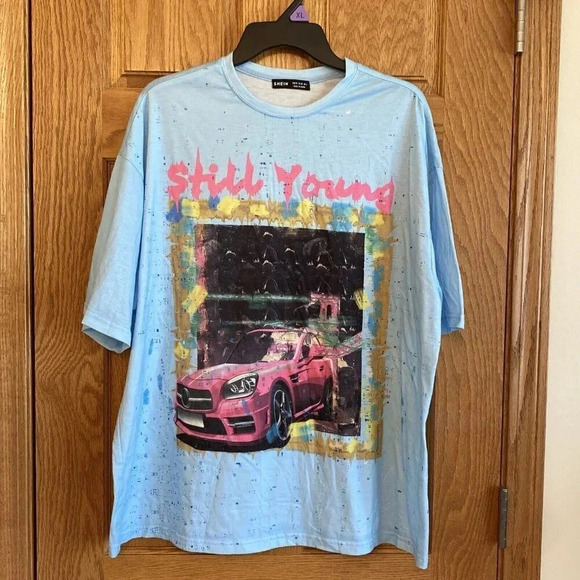 Shein Still Young Graphic Car Print Black T Shirt Mens Size M Blue - Picture 1 of 6